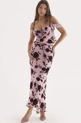 Robe longue deux pièces vintage à volants et bordure en dentelle, taille haute, motif floral